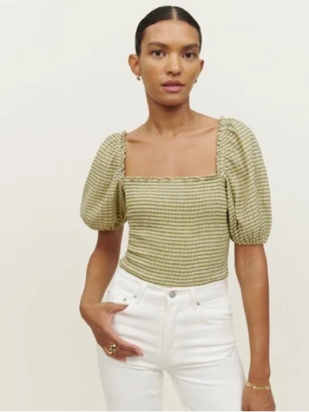Reformation SMALL Marilyn smocked green white check puff sleeve top